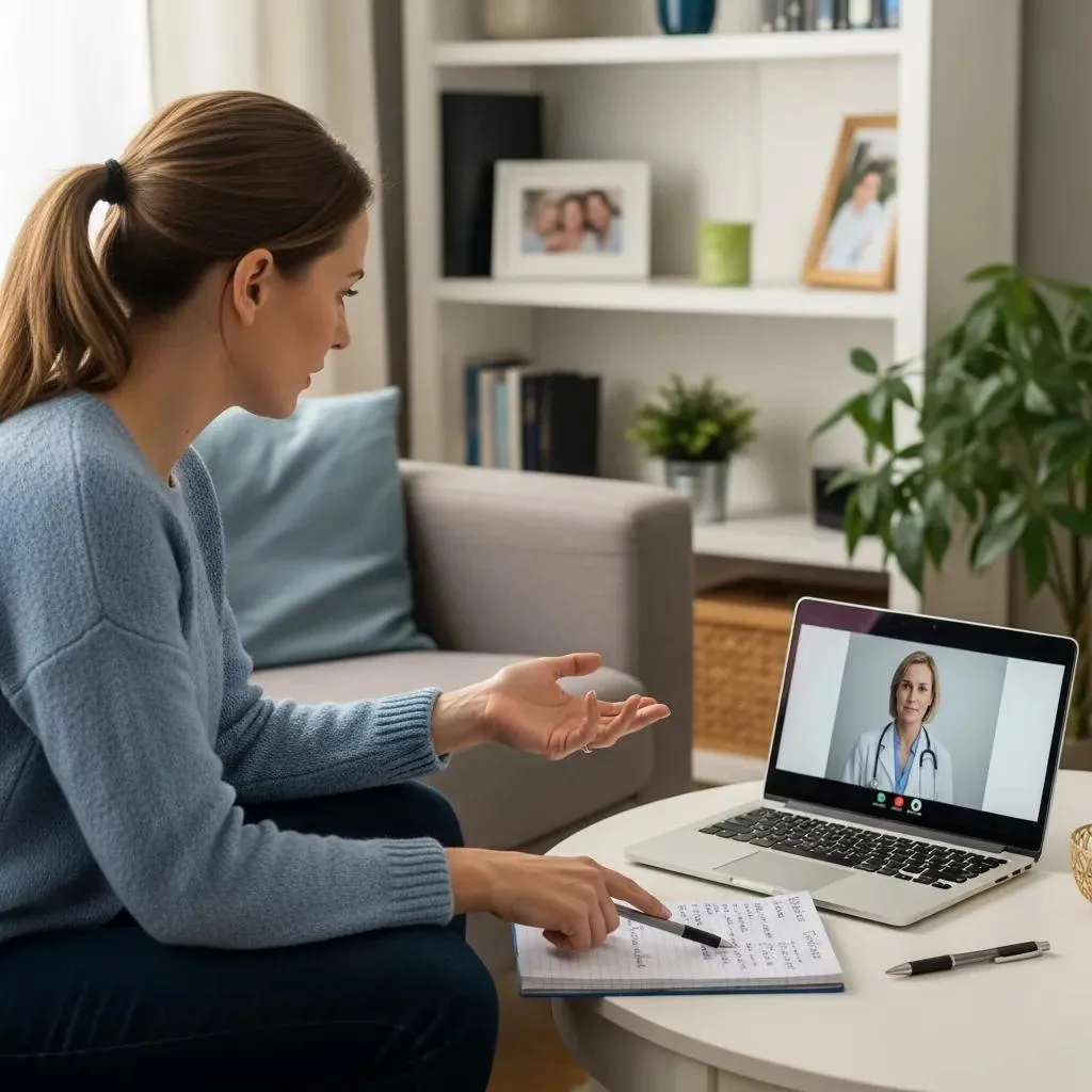 Patient in a telehealth consultation discussing medication side effects with a healthcare provider