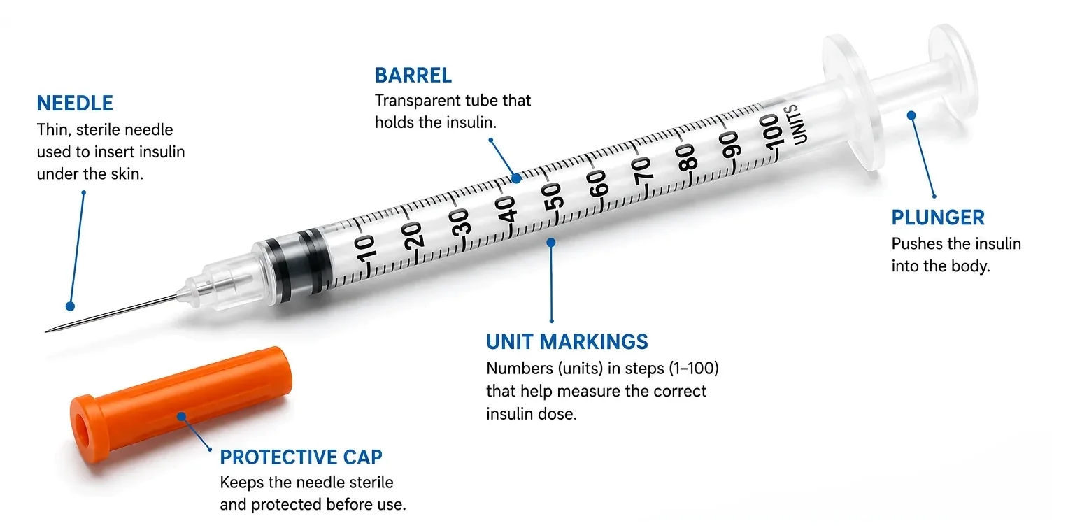 Labeled insulin syringe showing the needle, barrel, unit markings, plunger, and protective cap