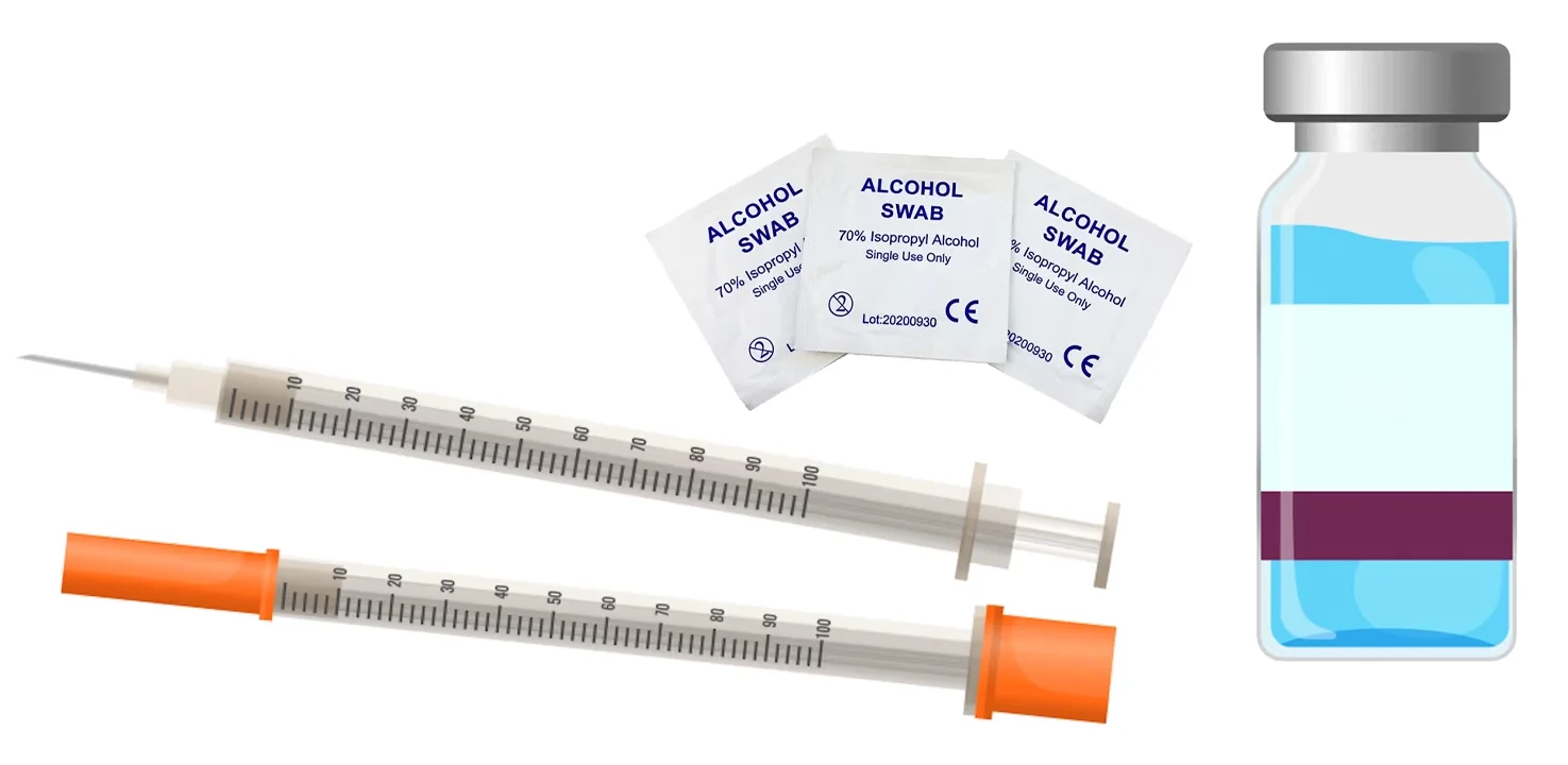 Injection supplies: two insulin syringes, alcohol swabs, and a medication vial